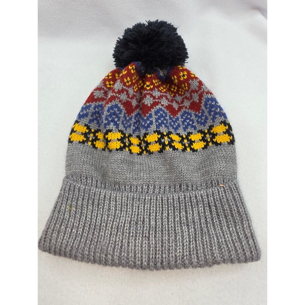 Goodfellow & Co Gray Knit Pom-Pom Beanie Red Blue Yellow Fair Isle OSFM 1690